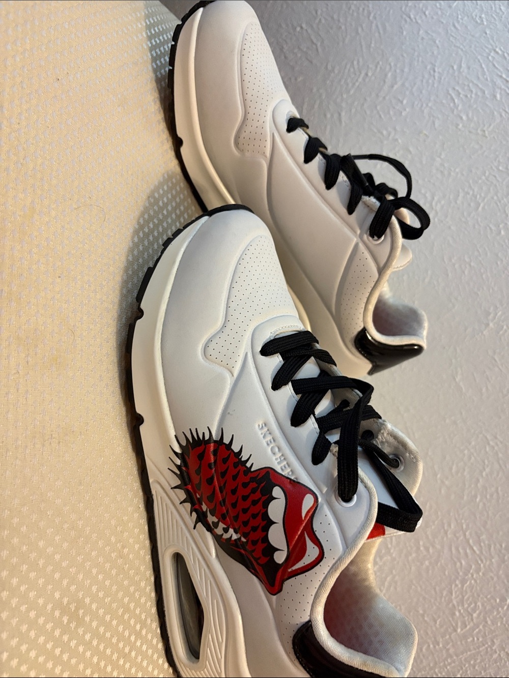 Skechers Kids White Sneakers with Red Graphic and Black Accents